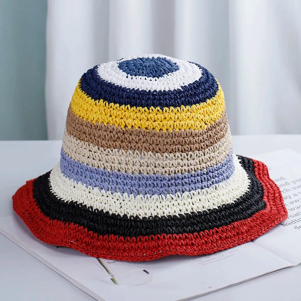 2020 Summer Women'S Bucket Hat Straw Made Rainbow Crochet Foldable Parent-Child Panama Hat Children