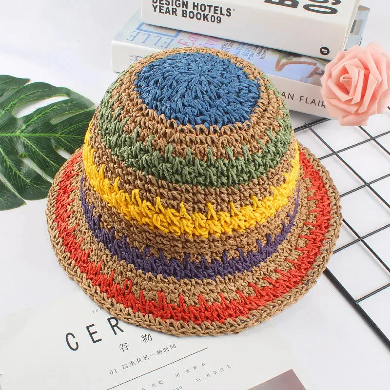 2020 Summer Women'S Bucket Hat Straw Made Rainbow Crochet Foldable Parent-Child Panama Hat Children