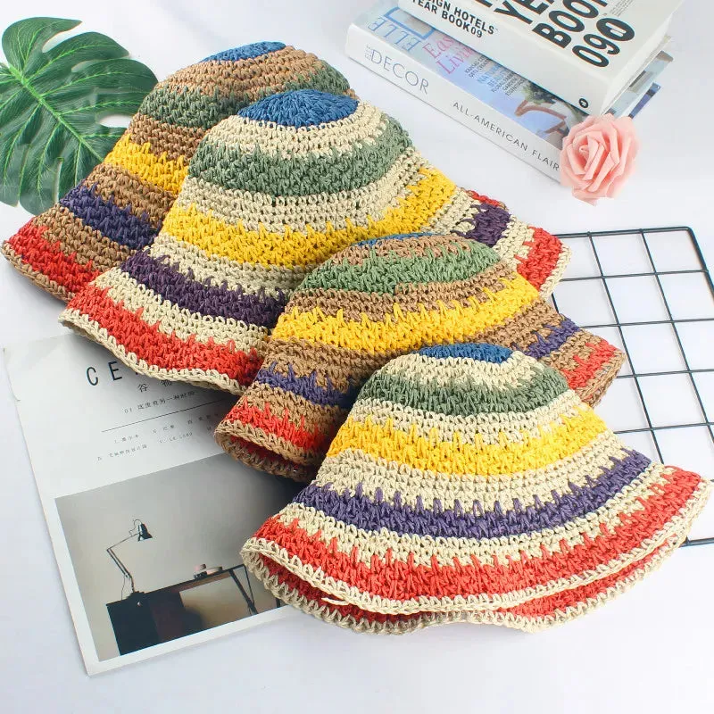 2020 Summer Women'S Bucket Hat Straw Made Rainbow Crochet Foldable Parent-Child Panama Hat Children