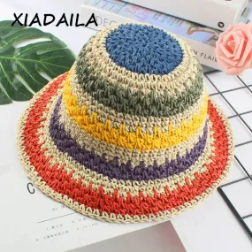 2020 Summer Women'S Bucket Hat Straw Made Rainbow Crochet Foldable Parent-Child Panama Hat Children