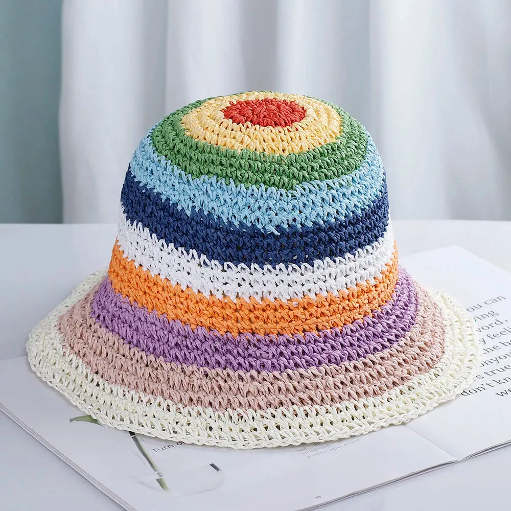 2020 Summer Women'S Bucket Hat Straw Made Rainbow Crochet Foldable Parent-Child Panama Hat Children