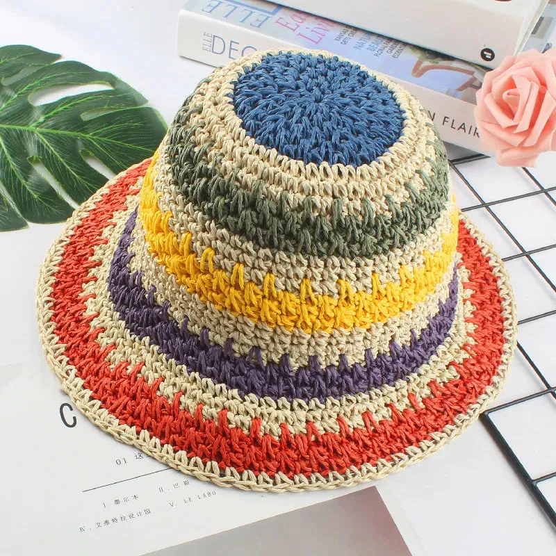 2020 Summer Women'S Bucket Hat Straw Made Rainbow Crochet Foldable Parent-Child Panama Hat Children