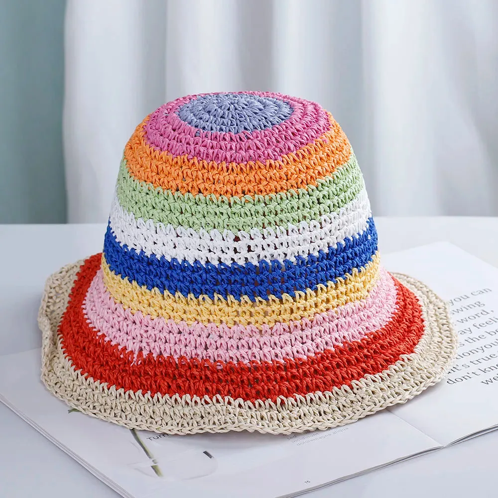 2020 Summer Women'S Bucket Hat Straw Made Rainbow Crochet Foldable Parent-Child Panama Hat Children