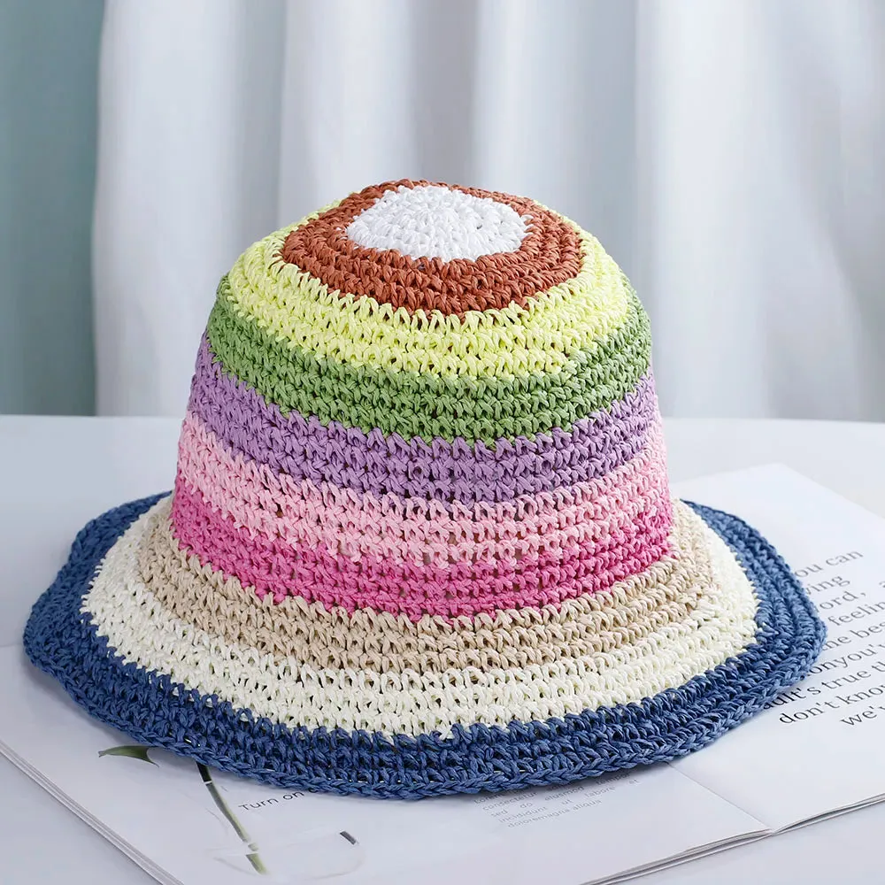 2020 Summer Women'S Bucket Hat Straw Made Rainbow Crochet Foldable Parent-Child Panama Hat Children