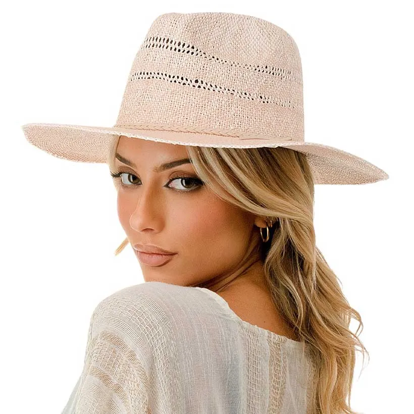 Braided Trim Woven Straw Fedora Hat