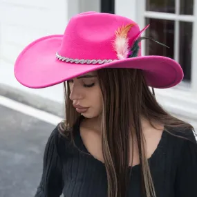 Fuchsia Feather Rhinestone Paved Twisted Band Accented Fedora Hat