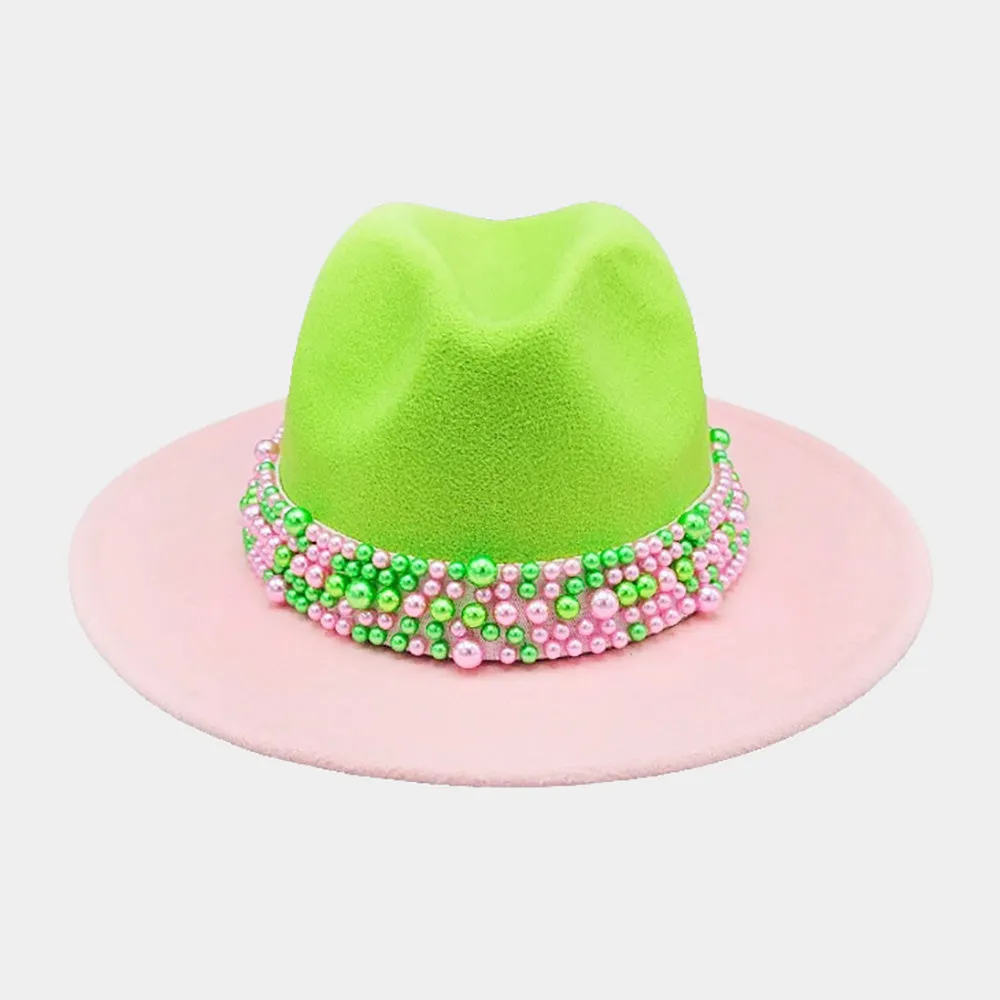 Pink and Green Pearl Embellished Band Pointed Color Block Fedora Hat